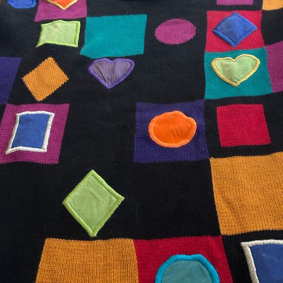 VINTAGE RETRO STYLE MULTI-COLOR PATCHES DESIGN 70’s FUN SWEATER MED - Picture 2 of 12